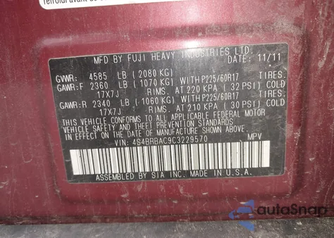 2012 Subaru Outback 2.5I z USA, uszkodzony, nr VIN 4S4BRBAC9C3229570